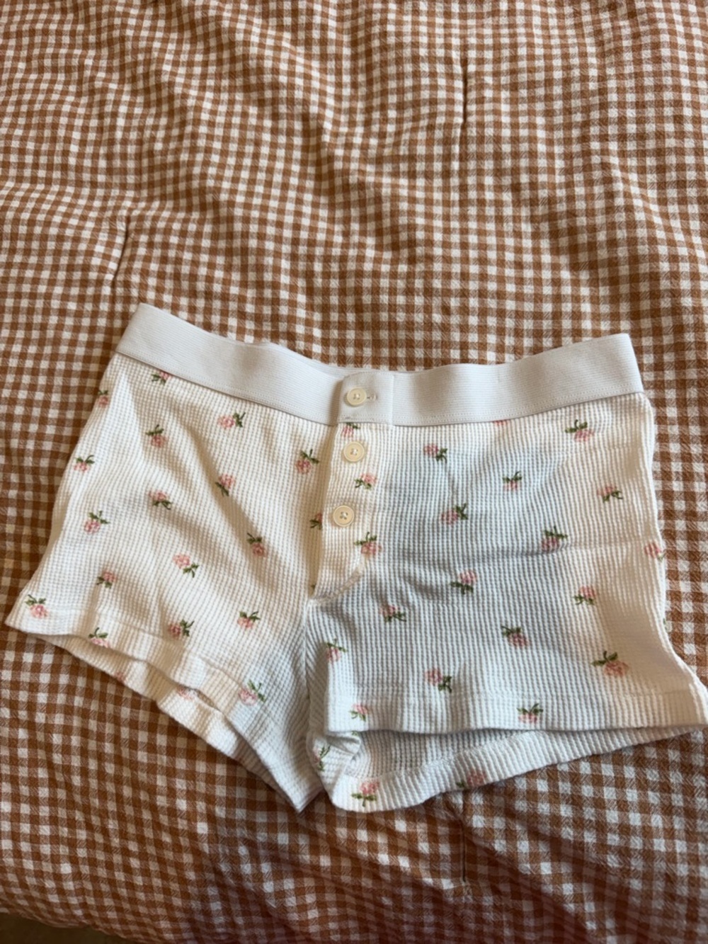 Brandy Melville White Waffle Knit Floral Lounge Shorts with Pink Roses